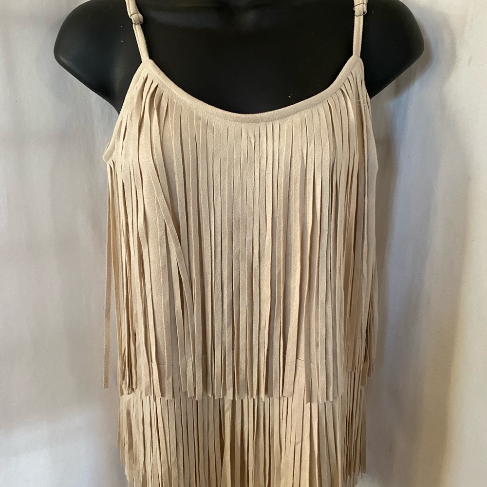 Vocal Tiered Fringe Adjustable Strap Faux Suede Camisole cream double layered